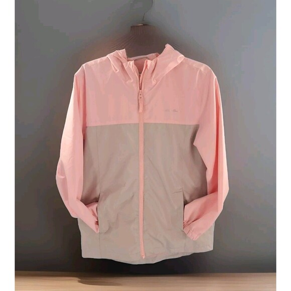 Girl Water Repellent Jacket Sz LG Hooded Rain Lightweight Coat  Pink &  Grey - Picture 1 of 16